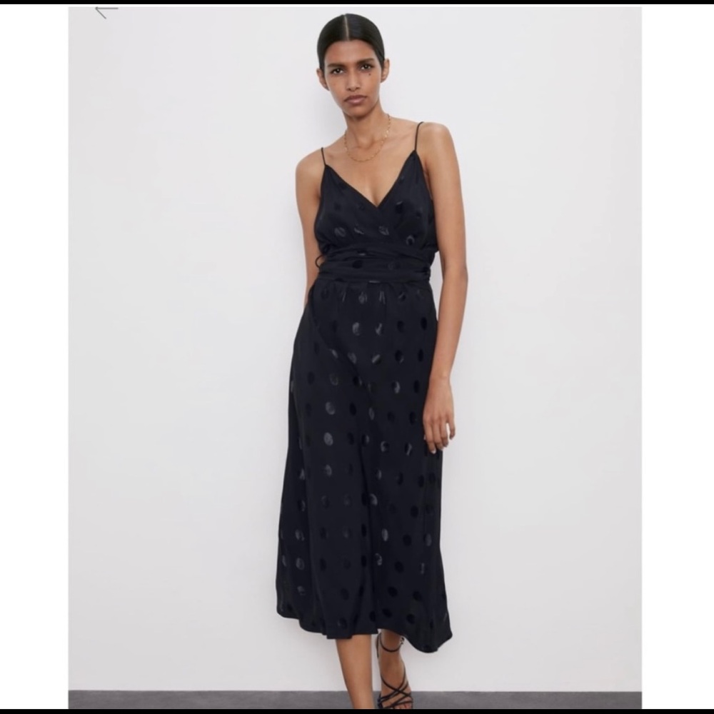 ZARA Spaghetti strap black shiny polkadotted dress